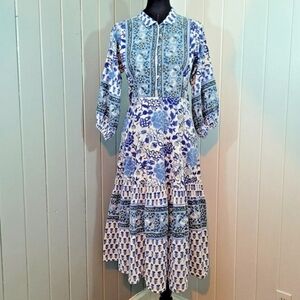 Sue Sartor Women's Size XS $495 Flounce Chinoiserie Blues Floral Dress A-Line